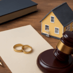 Para małżonków z prawnikiem przegląda dokumenty rozwodowe przy biurku