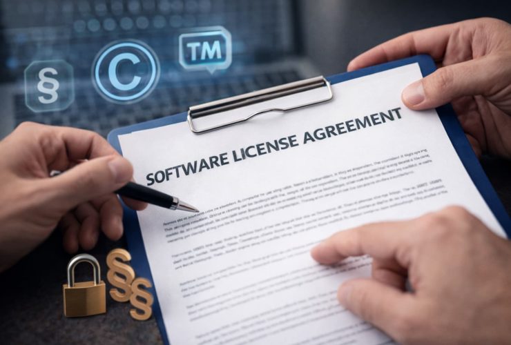 Biznesmen w garniturze podpisuje umowę licencyjną oprogramowania przy biurku z laptopem