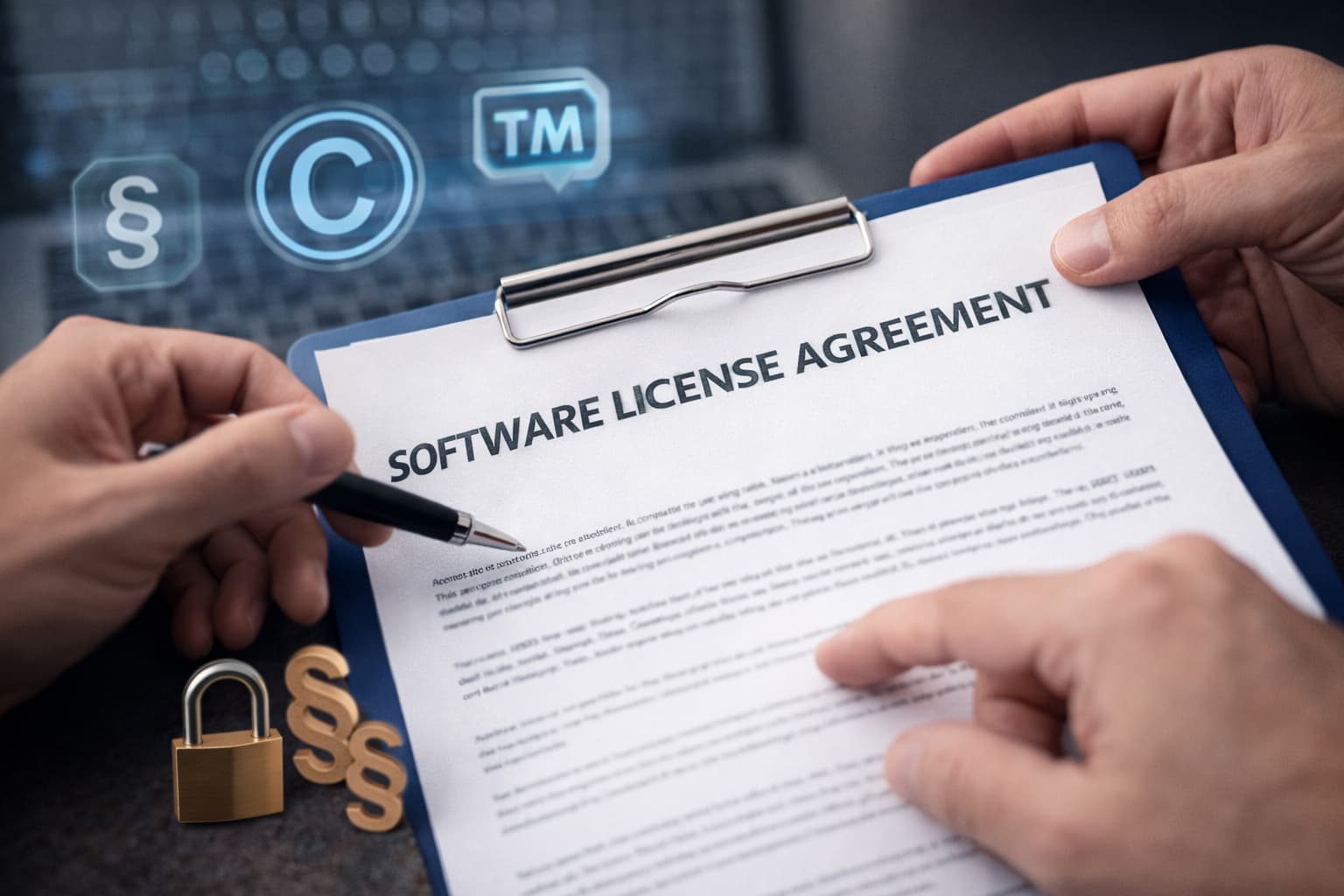 Biznesmen w garniturze podpisuje umowę licencyjną oprogramowania przy biurku z laptopem