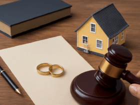 Para małżonków z prawnikiem przegląda dokumenty rozwodowe przy biurku