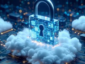 Mężczyzna w garniturze trzyma metalową tarczę przed laptopem z danymi osobowymi