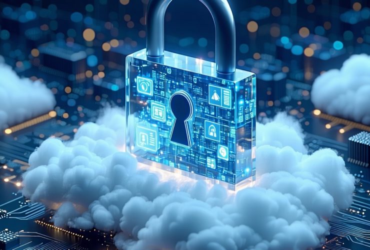 Mężczyzna w garniturze trzyma metalową tarczę przed laptopem z danymi osobowymi