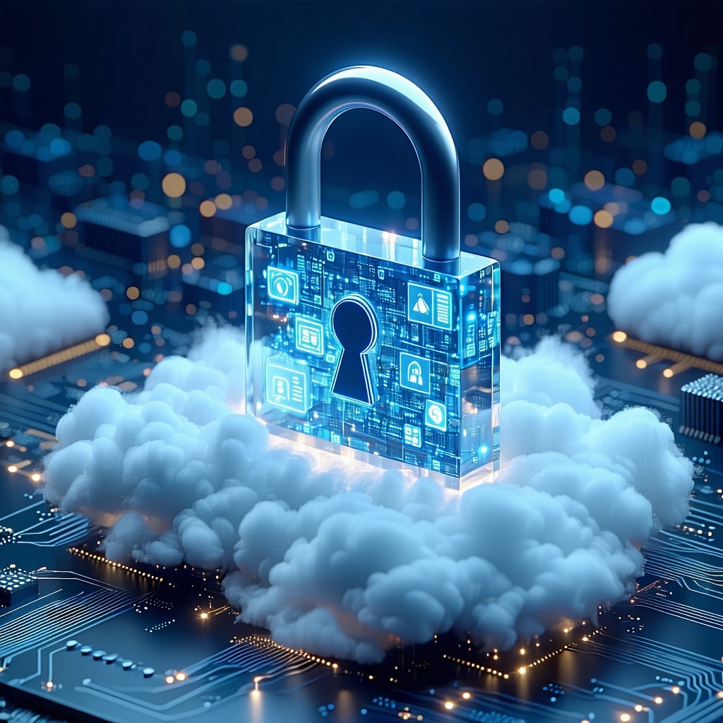 Mężczyzna w garniturze trzyma metalową tarczę przed laptopem z danymi osobowymi