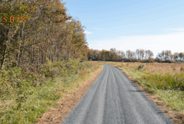 wąska droga gruntowa przecinająca zielone pole do samotnego domu w oddali