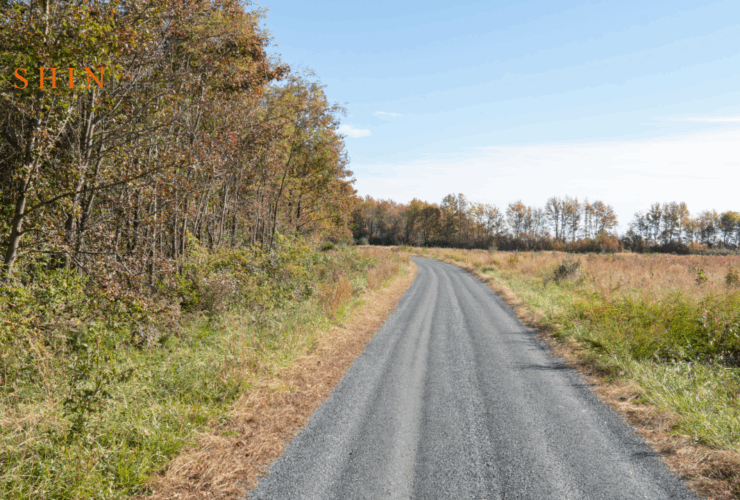 wąska droga gruntowa przecinająca zielone pole do samotnego domu w oddali