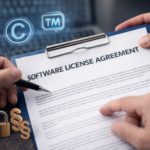 Biznesmen w garniturze podpisuje umowę licencyjną oprogramowania przy biurku z laptopem