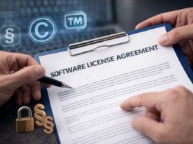 Biznesmen w garniturze podpisuje umowę licencyjną oprogramowania przy biurku z laptopem